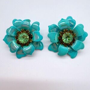 Vintage Turquoise Lucite Flower Clip On Earrings Green Rhinestone Mid Century